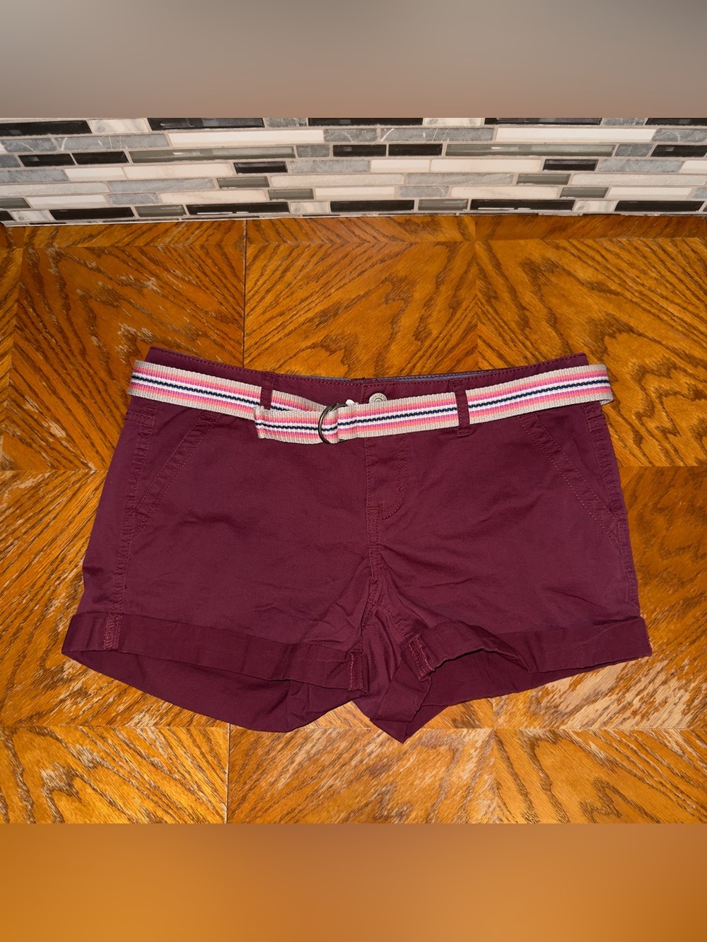 Prince & Fox Beachcomber Burgundy Cuffed Chino Shorts w/ Striped D-Ring Belt 8